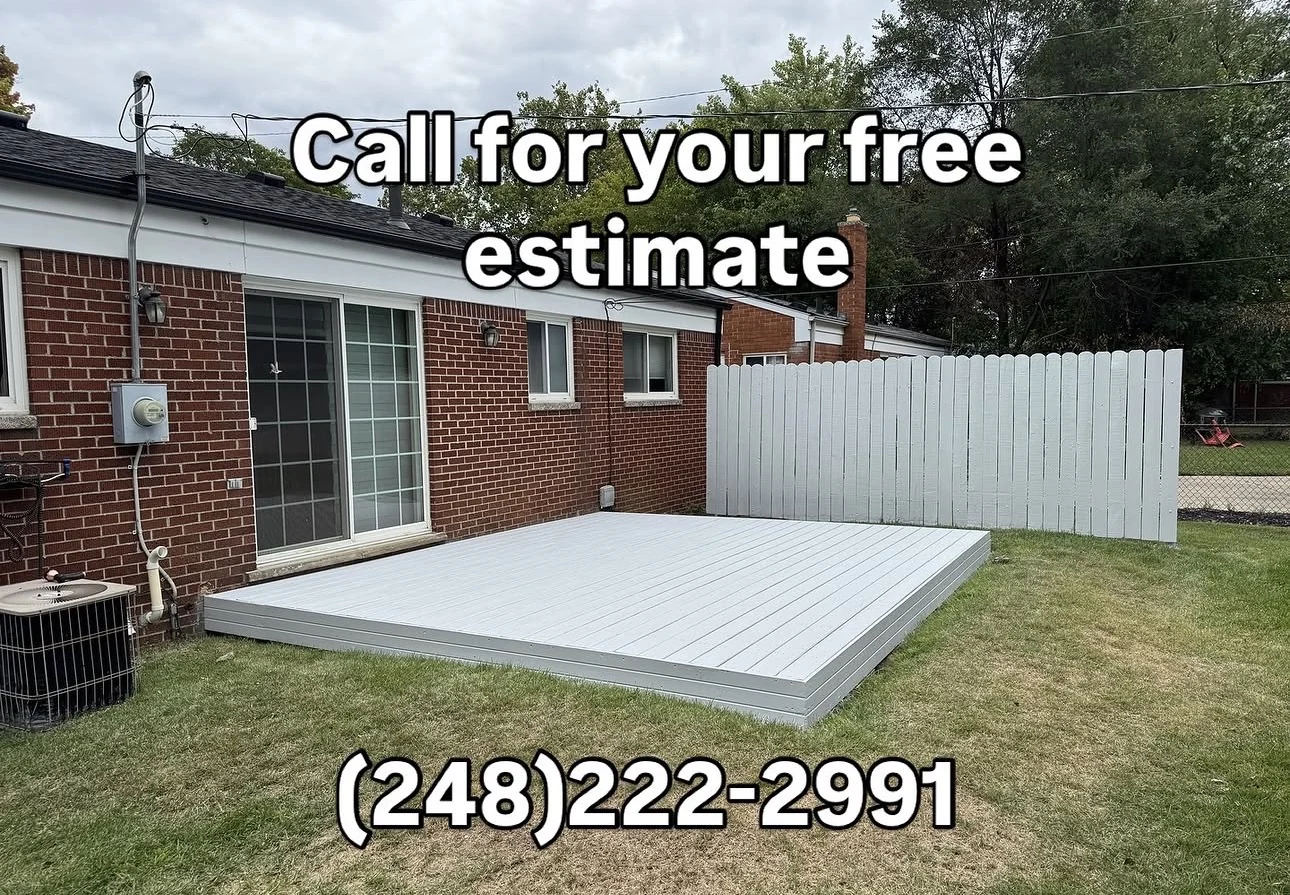 Light-colored backyard deck with a company estimate message and phone number